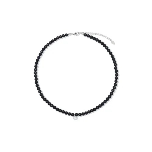 AWE 925 Sterling Silver Girlish New Chinese Style Black Agate Pink Crystal Fall And Winter Sweater Chain Women's