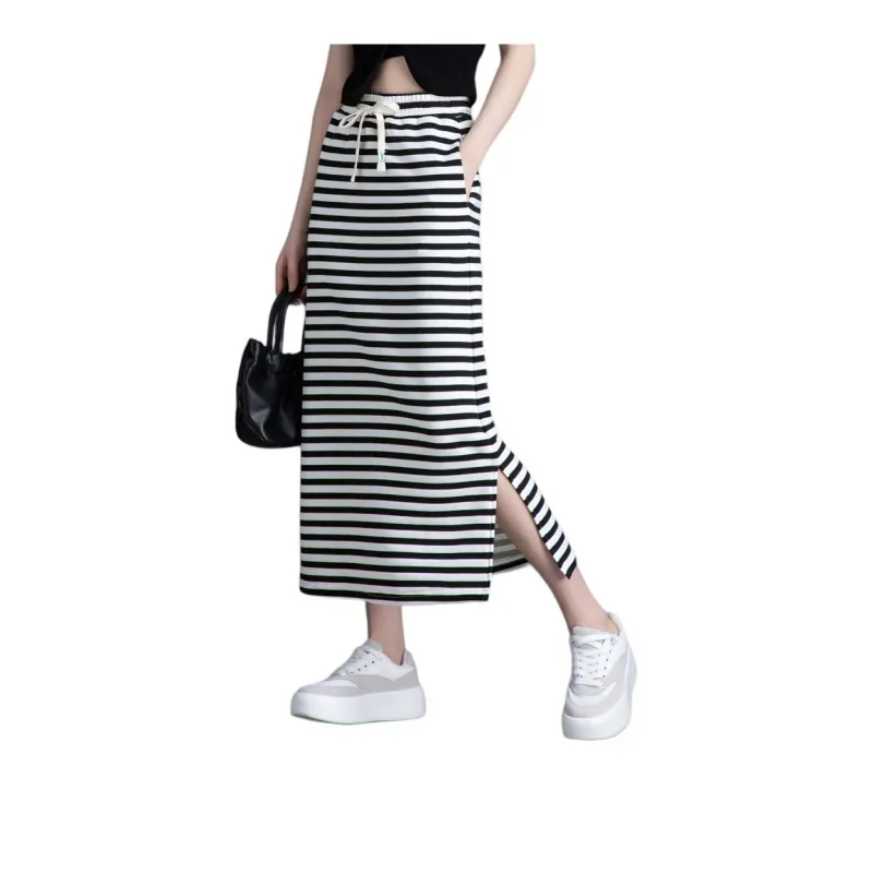 You Cow Me Pants Casual Long Skirts Women's Black White Stripes-1