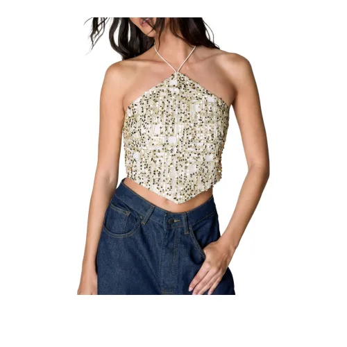 NASTY GAL Check Sequin Halter Neck Crop Top Camisole Women's Gold