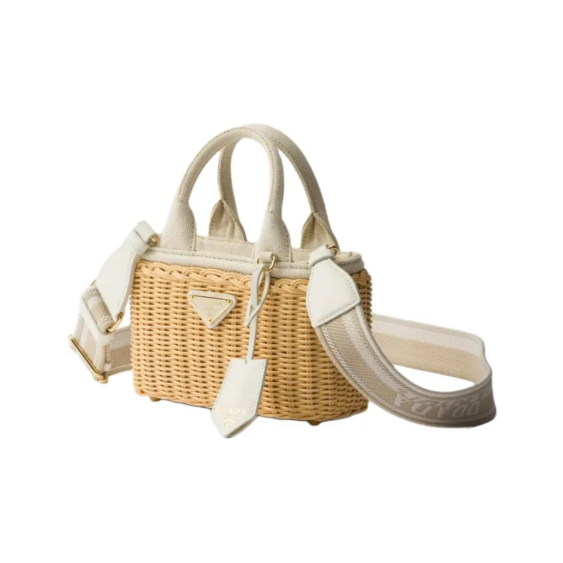PRADA Rattan Tote Bag Shopping Bag Handbag Mini Women's Tan & White-1