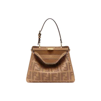 FENDI Peekaboo Cow Leather Handbag Medium Size Women's Beige