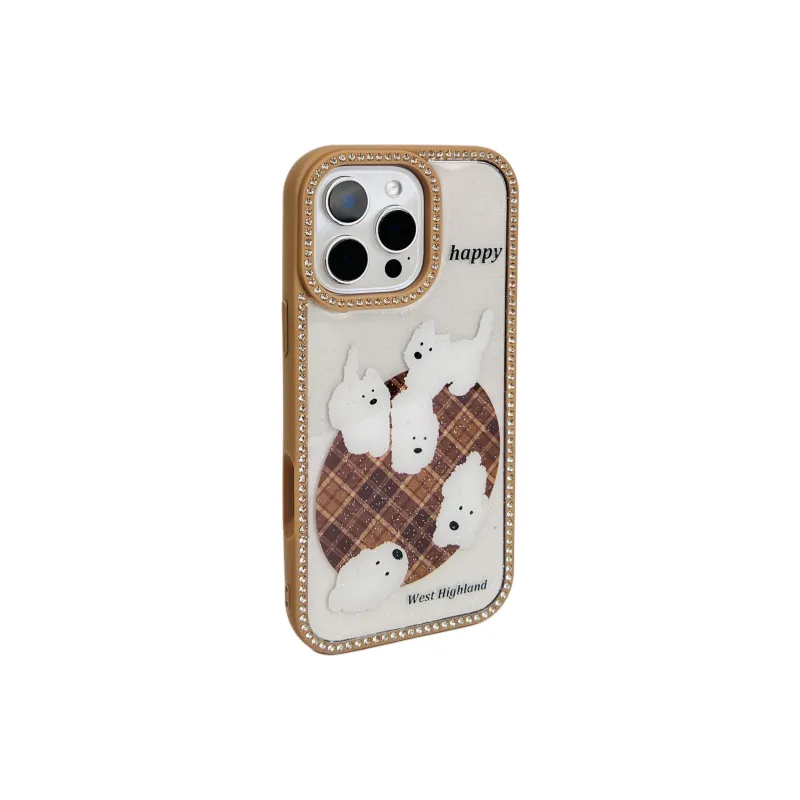 Wei Xin Acrylic Material Plaid Carpet White Puppy Phone Cases Compatible With IPhone 16/15 Pro Max/Apple 13/14 Pro/Max-1