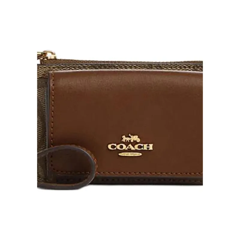 COACH Card Case PVC With Cow Split Leather Card Holder Women's Khaki & Saddle Brown-3