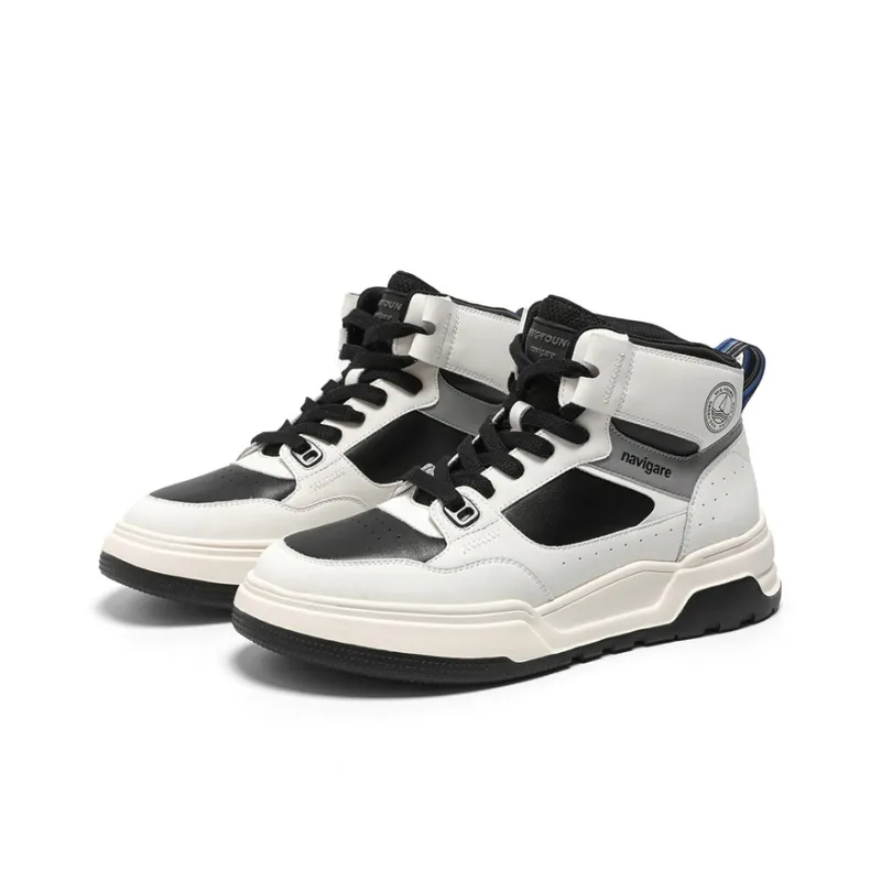NAVIGARE Small Sailboat Height Increasing High Top Skateboard Shoes Men's Black White-2