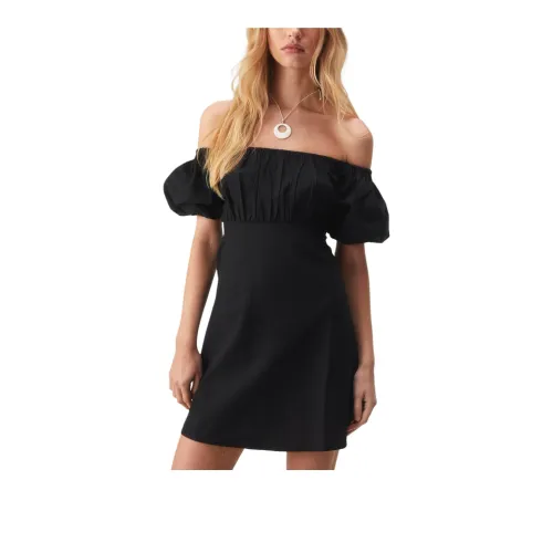 NASTY GAL Linen Mix Bardot Puff Sleeve Mini Dress Short-Sleeved Dresses Women's Black