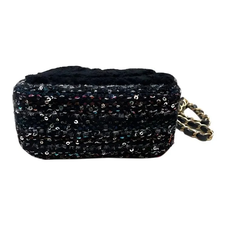 CHANEL Tweed Flap Bag Shoulder Bag Women's Black & Gold-2