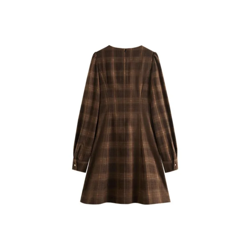 FANSILANEN Bowknot Vintage Plaid Long Sleeved Dress Women's Brown Plaid-1