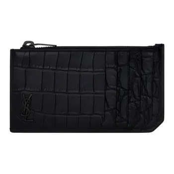 SAINT LAURENT Crocodile Pattern Leather Card Holder Wallet Men's Black