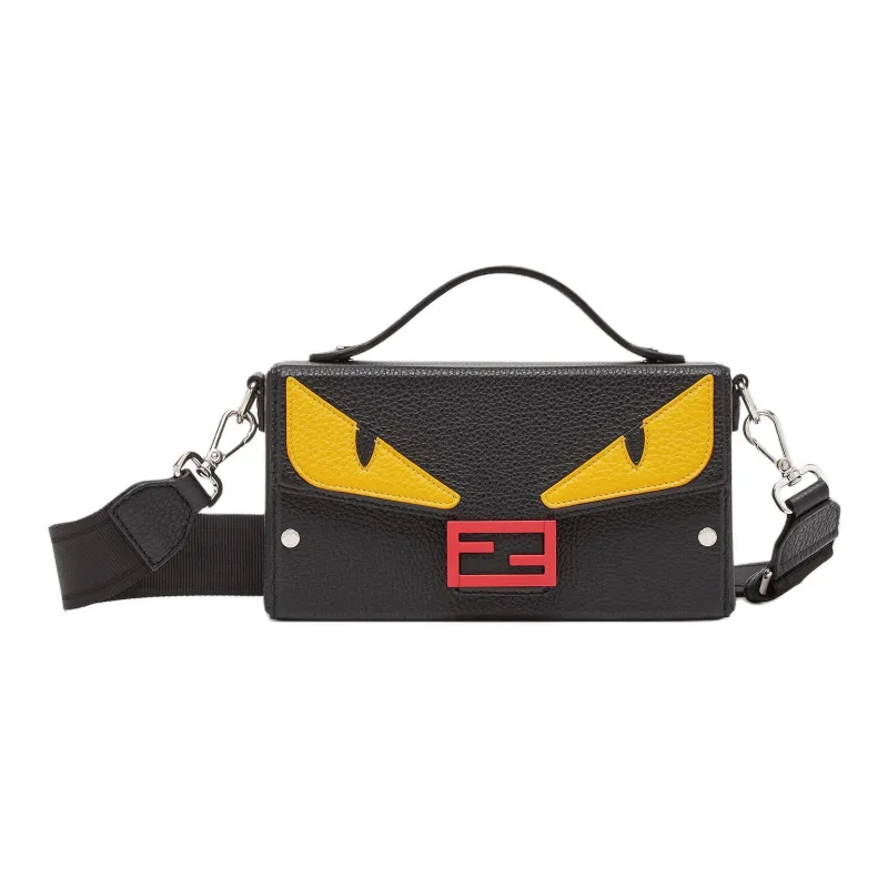 FENDI BaguetteTrunk Calfskin Shoulder Bag Crossbody Bag Handbag Small Size Men's Black-0