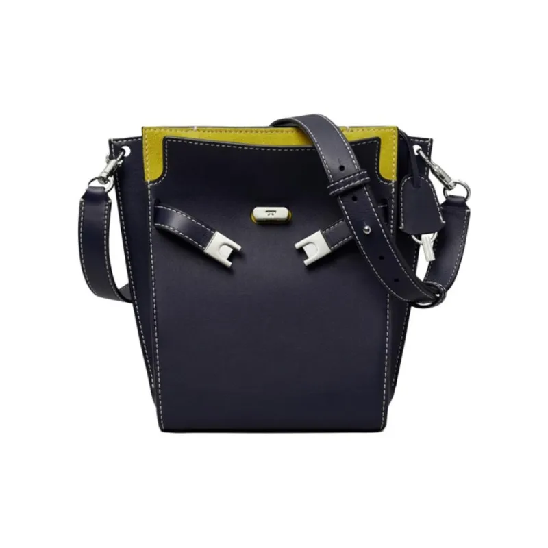 TORY BURCH Lee Radziwill Leather Suede Trim Bucket Bags Shoulder Bag Crossbody Bag Women's Navy-1