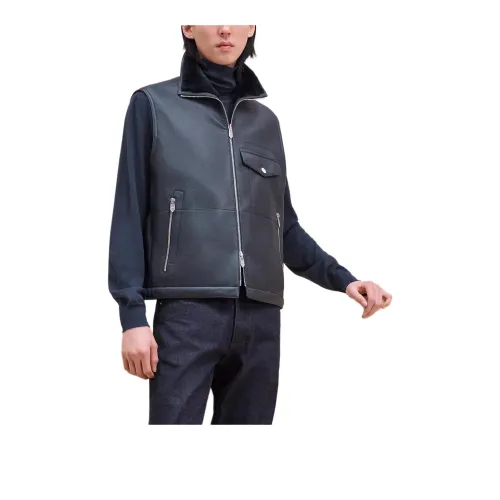 HERMES Leather Jacket Men's Marine Blue