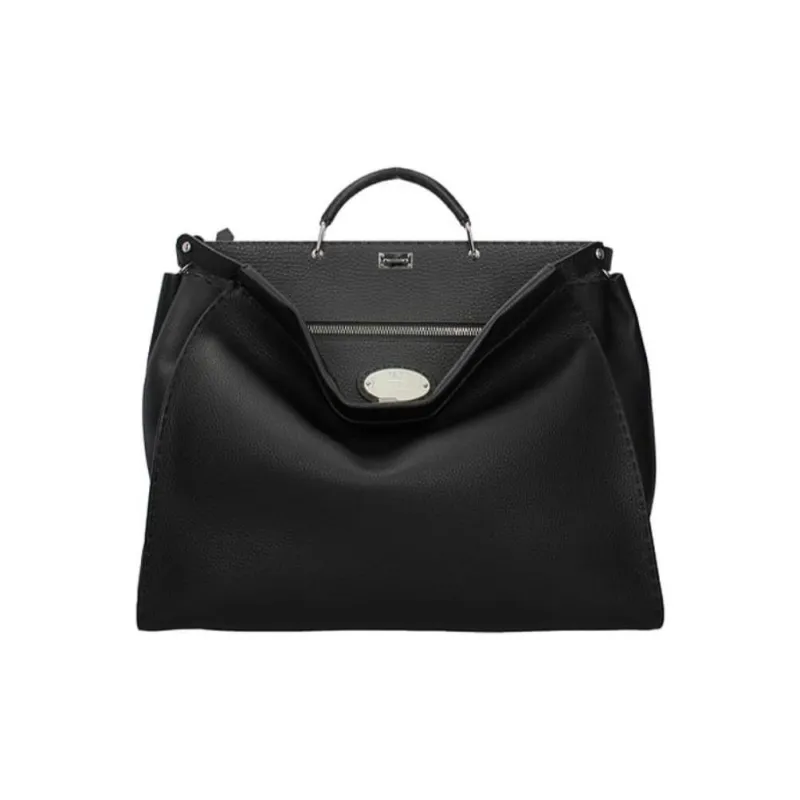 FENDI Peekaboo Leather Tote Bag Single Shoulder Crossbody Handbag Men's Black-0