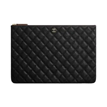 CHANEL Cow Leather Patchwork With Sheepskin Clutch Large Size Women's Black