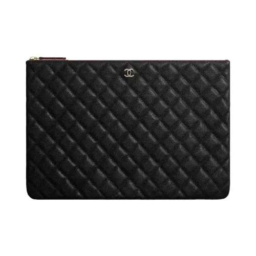 CHANEL Cow Leather Patchwork With Sheepskin Clutch Large Size Women's Black