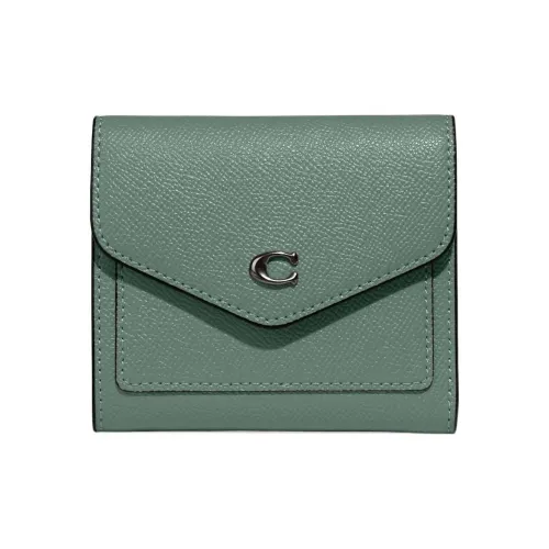 COACH Wyn Cross-Stitch Leather Coin Purses Wallets Small Size Women's Green