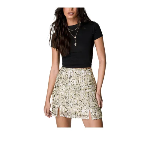 NASTY GAL Check Sequin Split Mini Skirt Casual Short Skirts Women's Gold