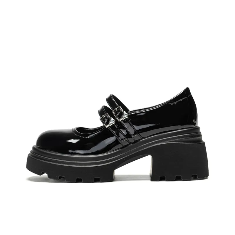 EXULL Q Chunky Heel High Heels 7cm Women's Patent Leather Black-0