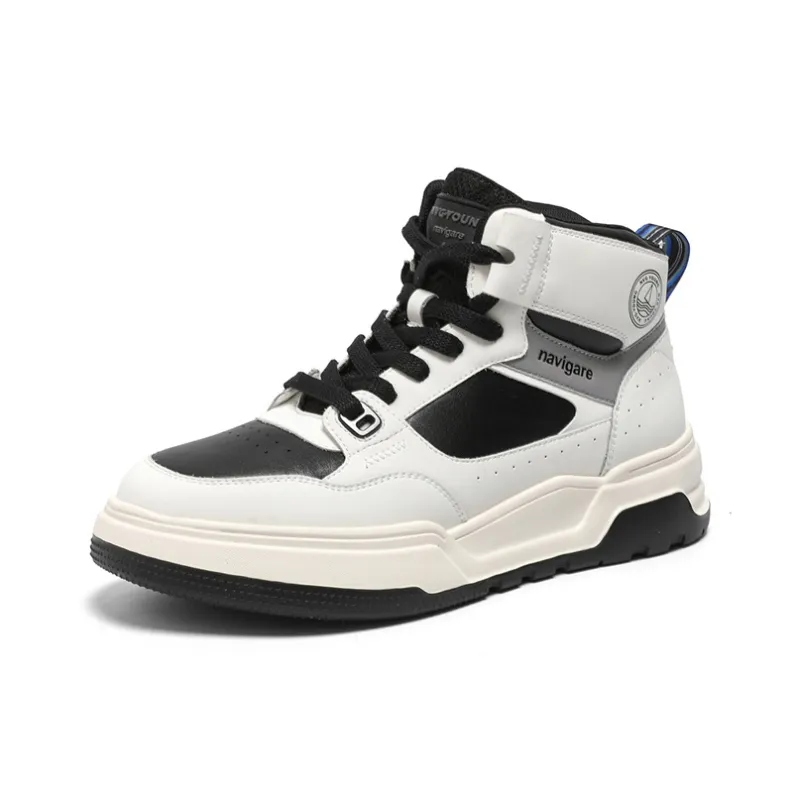 NAVIGARE Small Sailboat Height Increasing High Top Skateboard Shoes Men's Black White-1