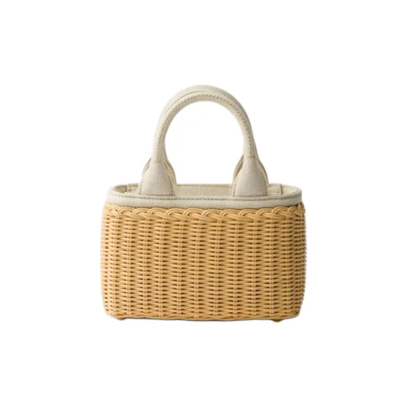 PRADA Rattan Tote Bag Shopping Bag Handbag Mini Women's Tan & White-2