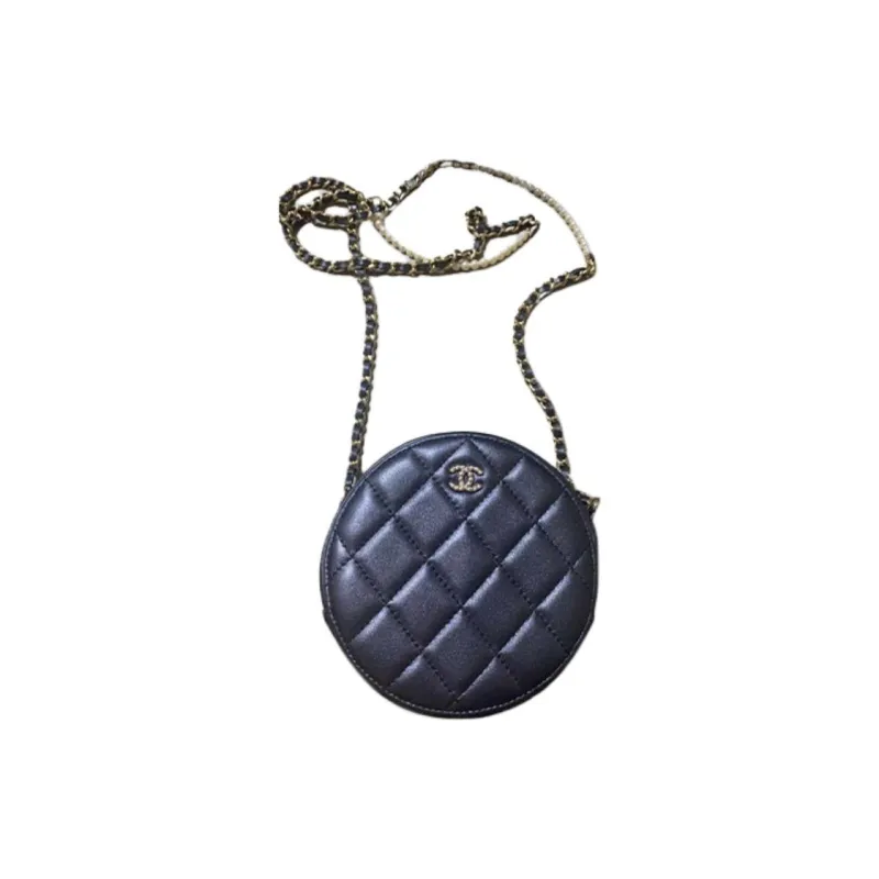 CHANEL Lambskin Chain Bag, Small Round Shoulder Bag, Crossbody Bag Women's Black-0