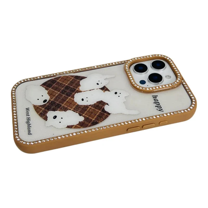 Wei Xin Acrylic Material Plaid Carpet White Puppy Phone Cases Compatible With IPhone 16/15 Pro Max/Apple 13/14 Pro/Max-3