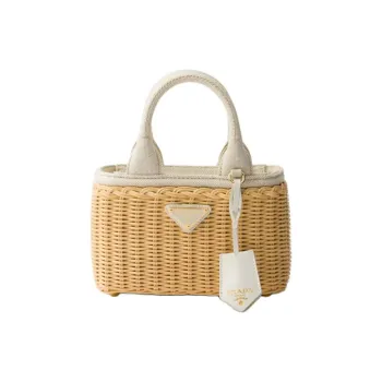 PRADA Rattan Tote Bag Shopping Bag Handbag Mini Women's Tan & White
