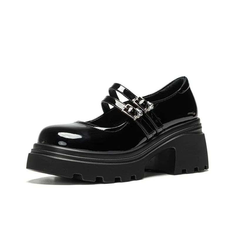 EXULL Q Chunky Heel High Heels 7cm Women's Patent Leather Black-1