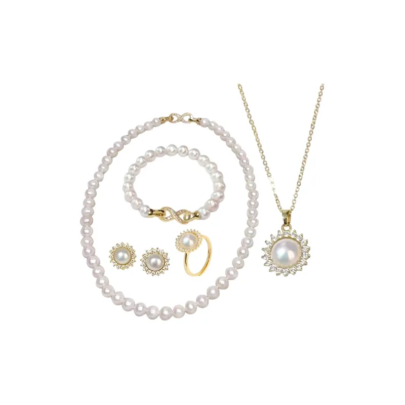 Beth Jewelry Freshwater Pearl Necklace, Stud Earrings, Ring, Bracelet Set Women's-0