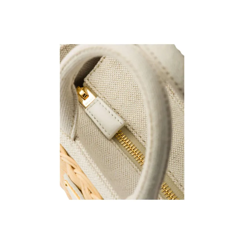 PRADA Rattan Tote Bag Shopping Bag Handbag Mini Women's Tan & White-4