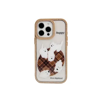 Wei Xin Acrylic Material Plaid Carpet White Puppy Phone Cases Compatible With IPhone 16/15 Pro Max/Apple 13/14 Pro/Max