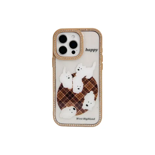 Wei Xin Acrylic Material Plaid Carpet White Puppy Phone Cases Compatible With IPhone 16/15 Pro Max/Apple 13/14 Pro/Max