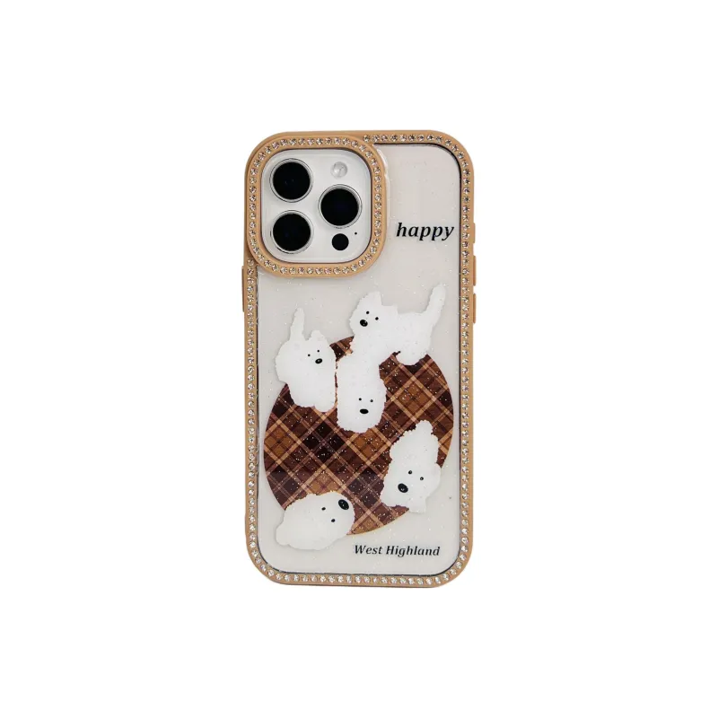 Wei Xin Acrylic Material Plaid Carpet White Puppy Phone Cases Compatible With IPhone 16/15 Pro Max/Apple 13/14 Pro/Max-0