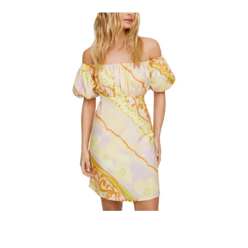 NASTY GAL Muted Floral Stripe Linen Bardot Puff Sleeve Mini Dress Short-Sleeved Dresses Women's Multicolor