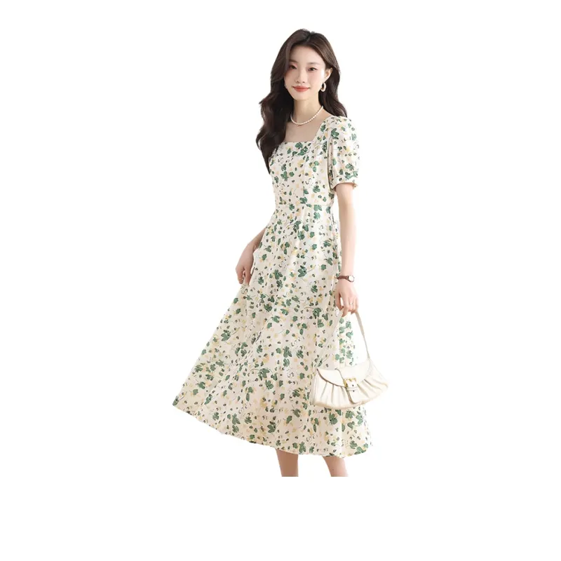 KUNZHUDAXIANG Short Sleeved Dress Women's Fresh White Green Color Scheme-0