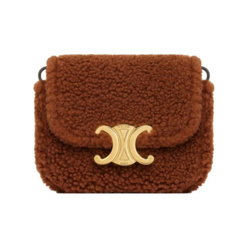 CELINE Triomphe Shearling With Calfskin Trim Shoulder Bag Crossbody Bag Mini Women's Fox Red-0