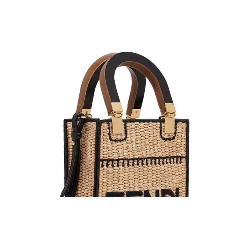FENDI Sunshine Straw Cow Leather Tote Bag Shoulder Bag Crossbody Bag Handbag Mini Women's Khaki-3