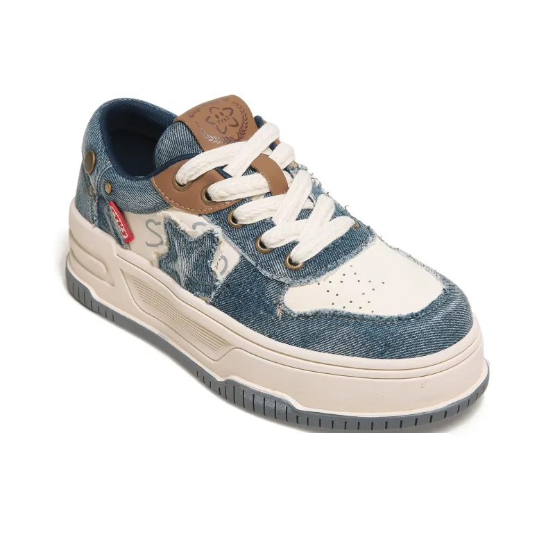 TTKJ Cushioning Height Increase With Slip Resistant Properties Low Top Skateboard Shoes Women's Washed Blue-3