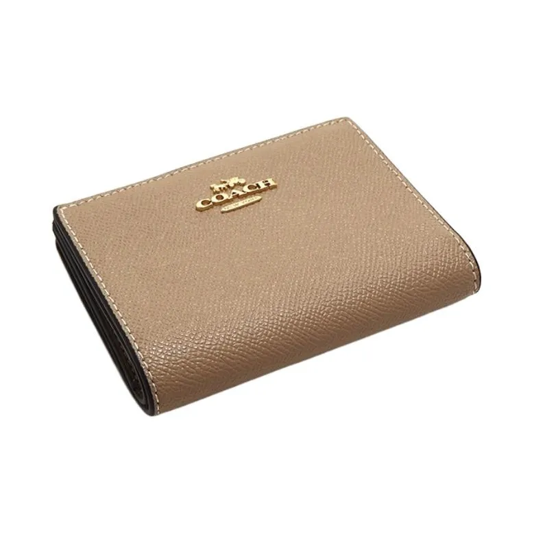COACH Cross Grain Leather Wallet Mini Women's Gold & Taupe-2
