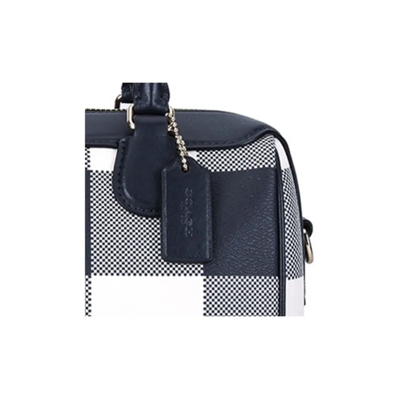 COACH Bennett Leather Boston Bag Crossbody Bag Shoulder Bag Handbag Small Size Women's Navy Blue Plaid-3