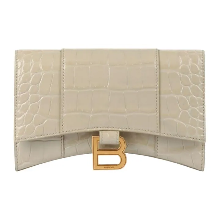 Balenciaga Hourglass Shiny Crocodile Embossed Calfskin Wallet Women's Gray-0