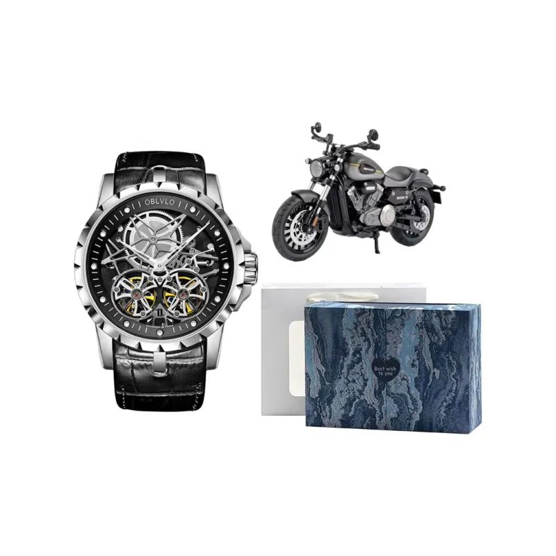 OBLVLO Automatic Mechanical Movement Genuine Leather Strap Watch Men's Watches Black Dial-2