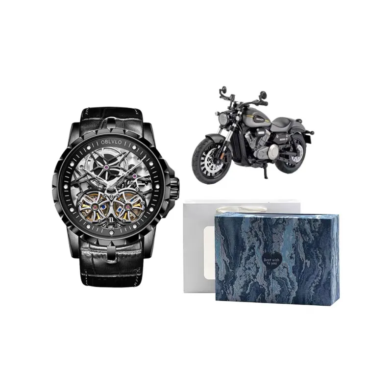 OBLVLO Automatic Mechanical Movement Genuine Leather Strap Watch Men's Watches Black Dial-8