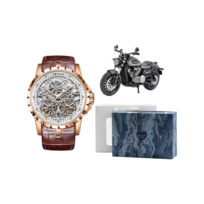 OBLVLO Automatic Mechanical Movement Genuine Leather Strap Watch Men's Watches Black Dial-6