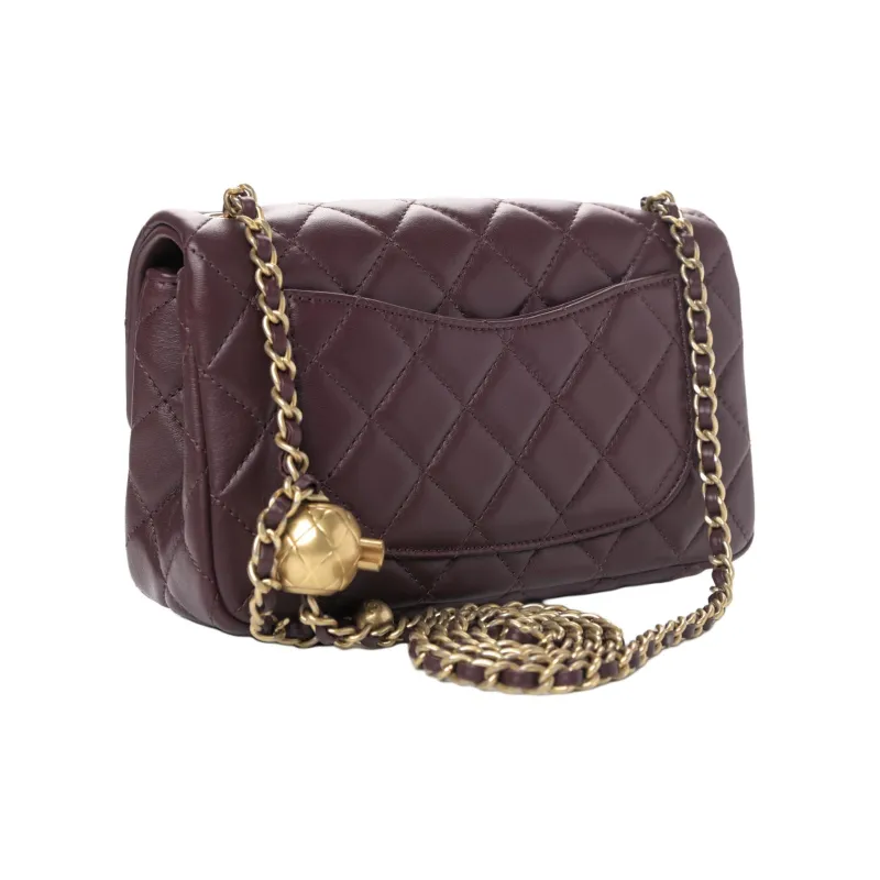 CHANEL Small Gold Ball Classic Flap CF Sheepskin Mouth Cover Bag Crossbody Bag Shoulder Bag Women's Burgundy Bordeaux-1