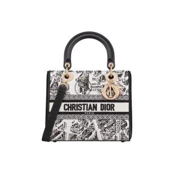 DIOR Lady D Lite Fabric One Shoulder Handbags Medium Size Women's Black & White