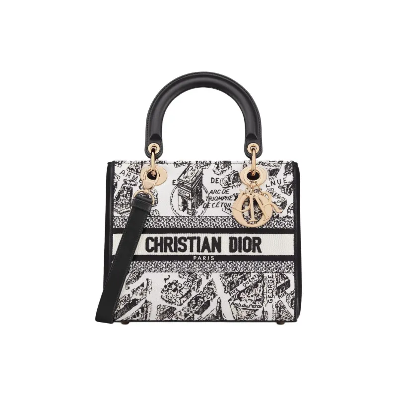 DIOR Lady D Lite Fabric One Shoulder Handbags Medium Size Women's Black & White-0