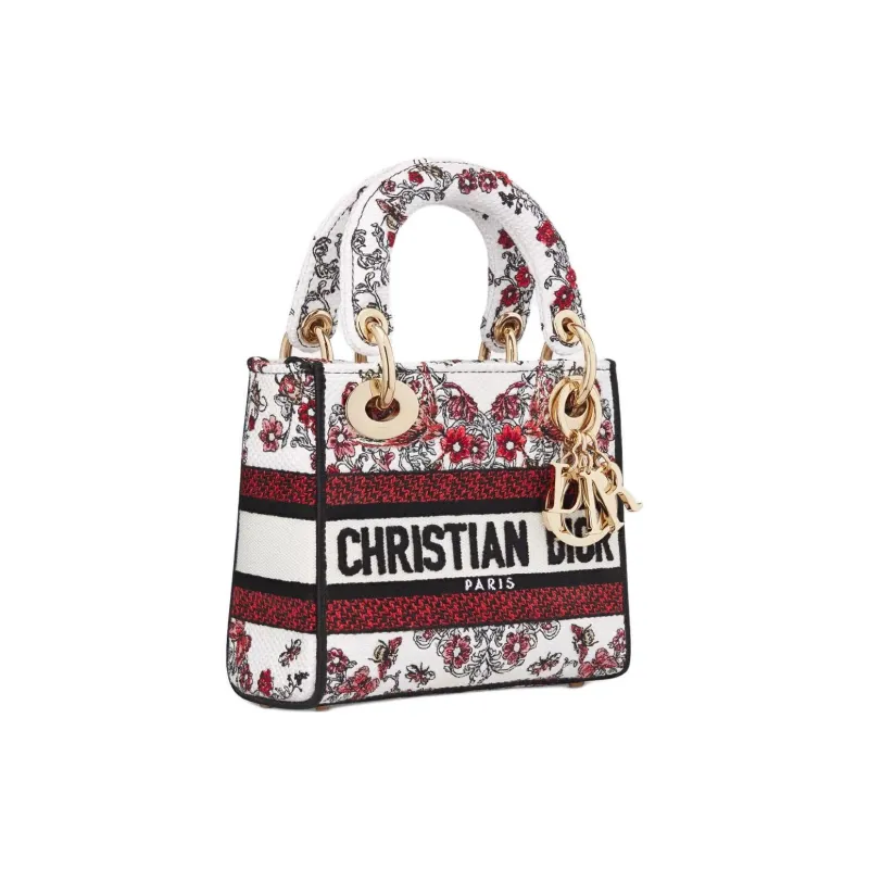 DIOR Lady Dior Fabric Tote Bag Shopping Bag Shoulder Bag Handbag Mini Women's White & Red-2