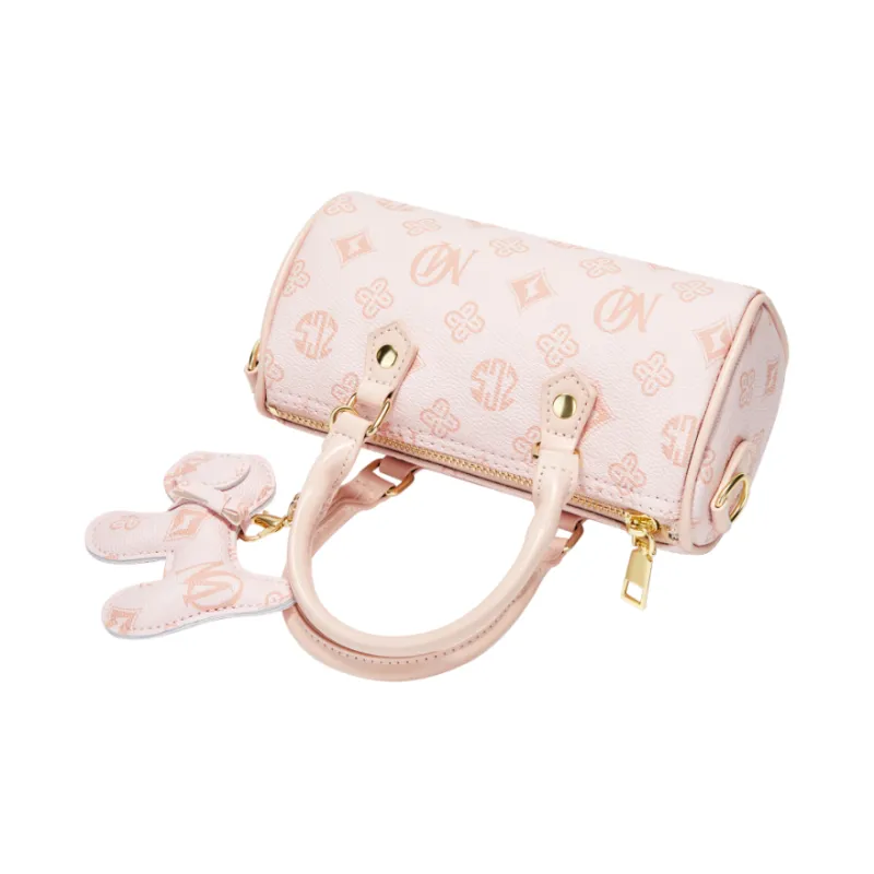 MARKANGARO Synthetic Leather Boston Bag Regular Unisex White/Dark Brown/Pink-3
