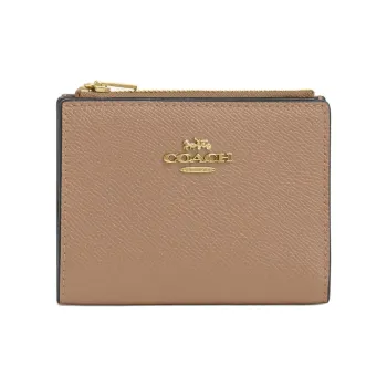 COACH Bifold Cross Grain Leather Wallet Mini Women's Gold & Taupe