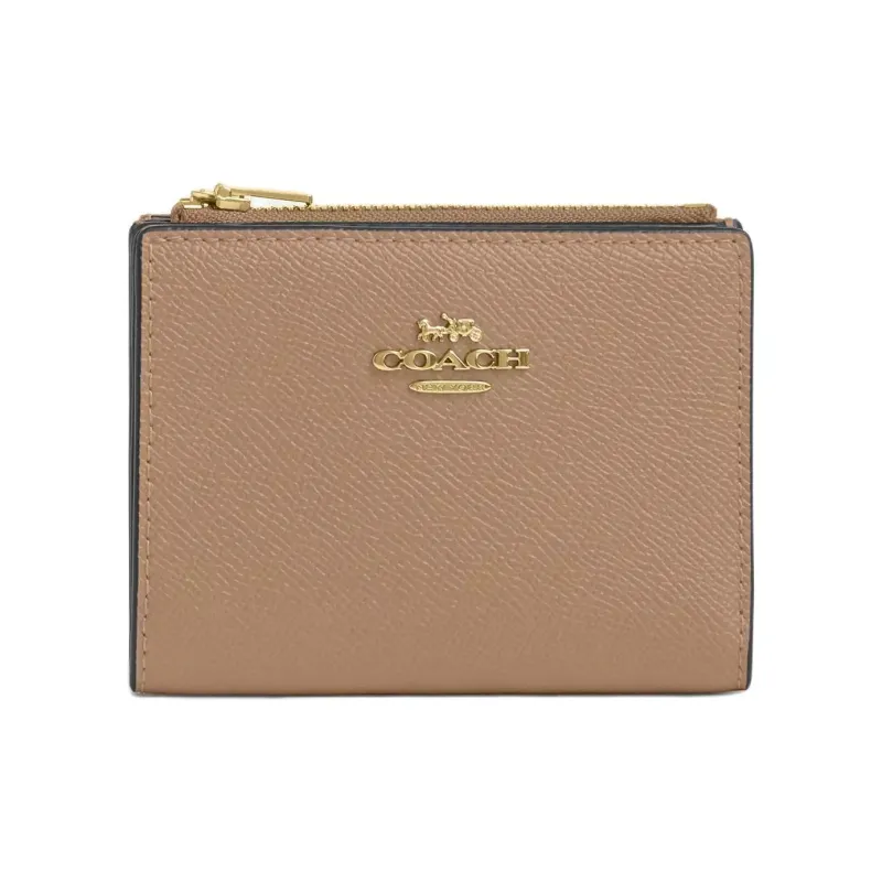 COACH Cross Grain Leather Wallet Mini Women's Gold & Taupe-0